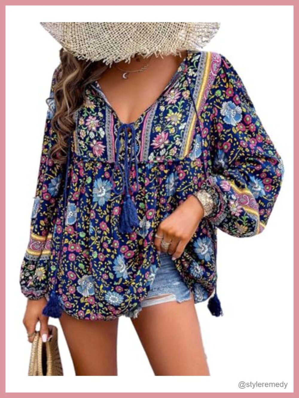 Boho Floral Peasant Blouse Lace Up V Neck Long Sleeve Tunic Top